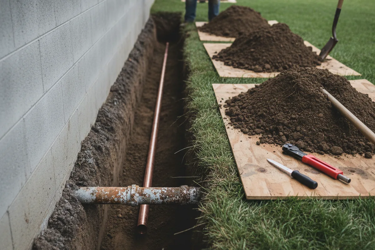 Excavated water line trench during Sewer Line Repair in Fielding